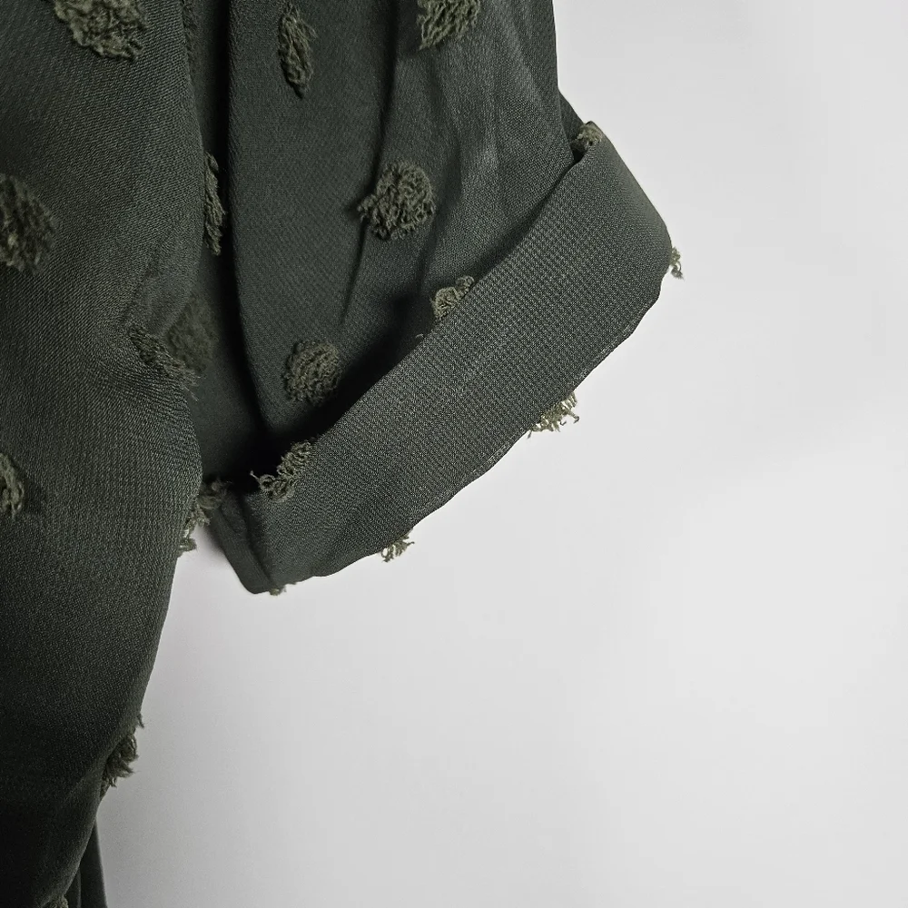 Kirundo Women’s Army Green Dress Size M V Neck Swiss Dot Ruffles NWT - Picture 3 of 10